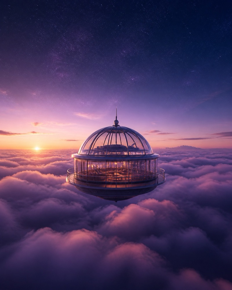 A glass observatory floating above lavender clouds at sunrise